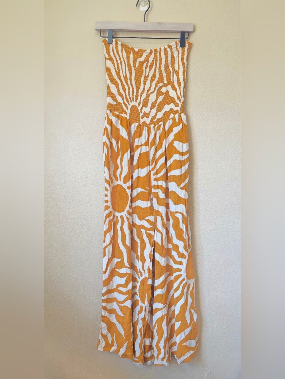 Patrons of Peace Luna Vista Jumpsuit Yellow Tan Sun Pattern 100% Rayon Size M